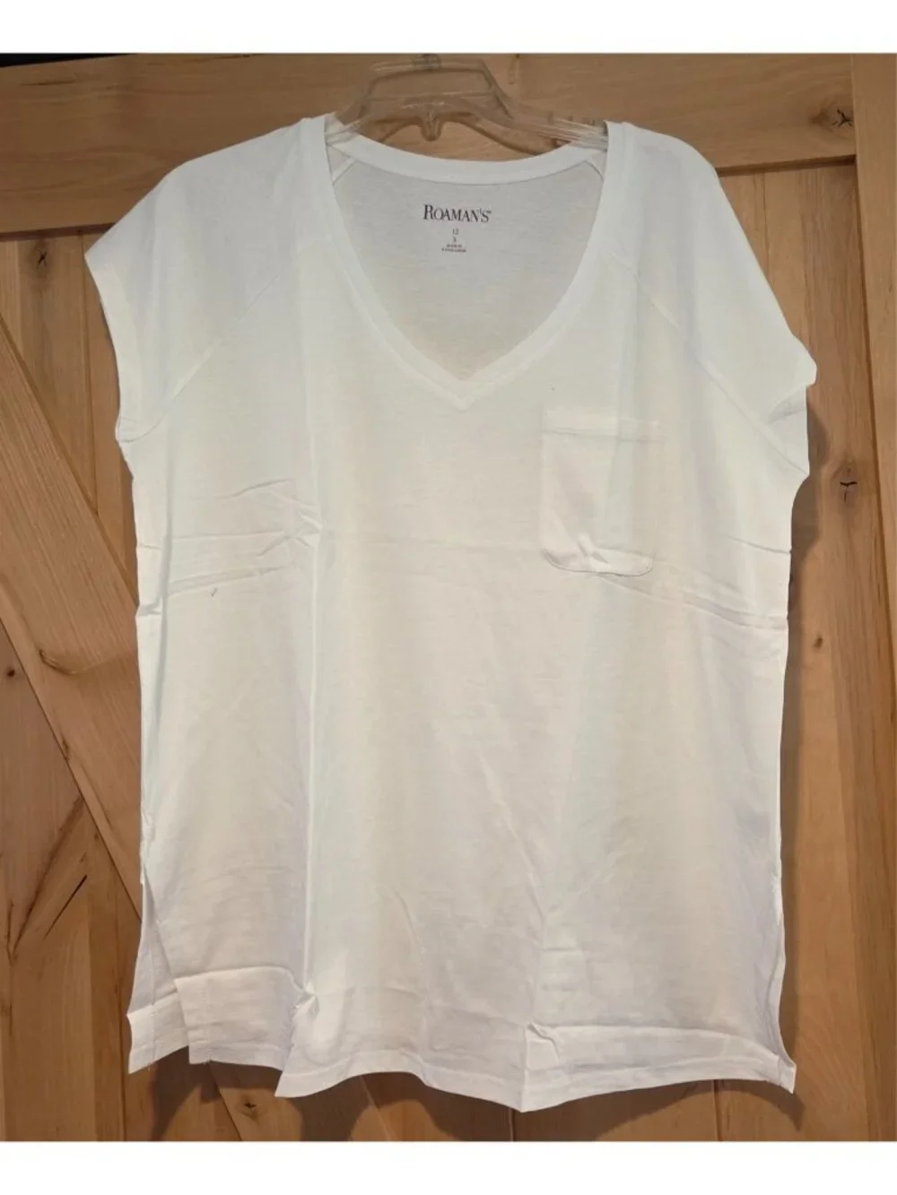 New! Roaman's V-Neck Pocket Women 12 S White Raglan Sleeveless T-Shirt